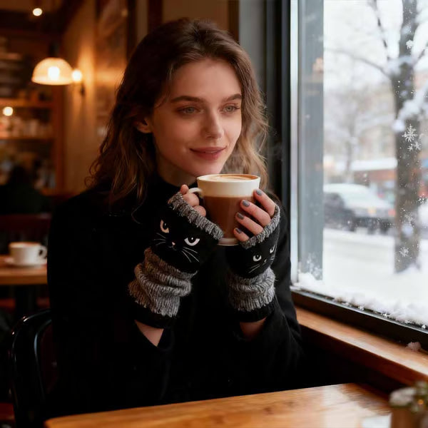 🎁Last Day – 49% Discount🐱🧶Knitted Fingerless Gloves with Cute Cat Trim