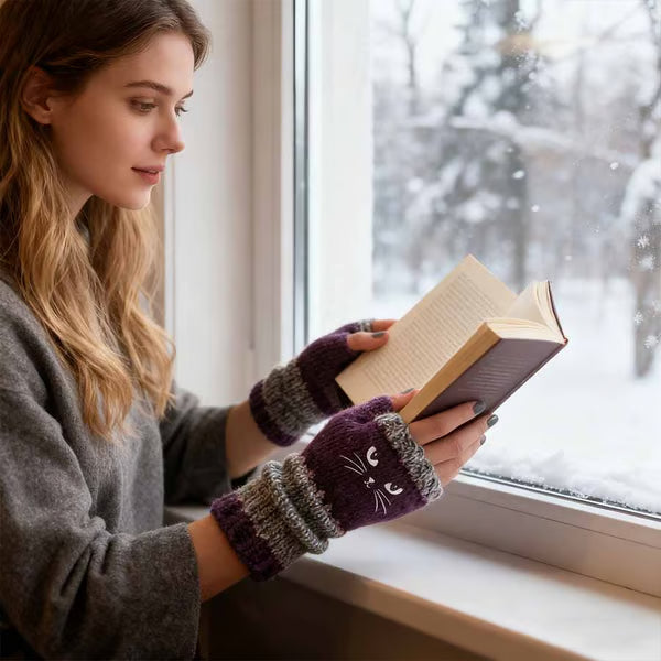 🎁Last Day – 49% Discount🐱🧶Knitted Fingerless Gloves with Cute Cat Trim