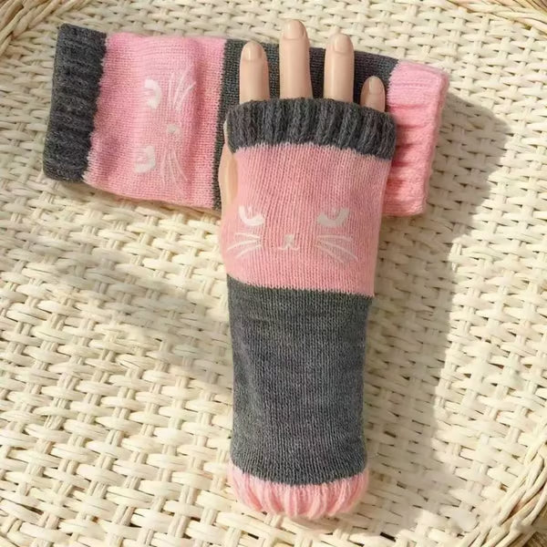 🎁Last Day – 49% Discount🐱🧶Knitted Fingerless Gloves with Cute Cat Trim
