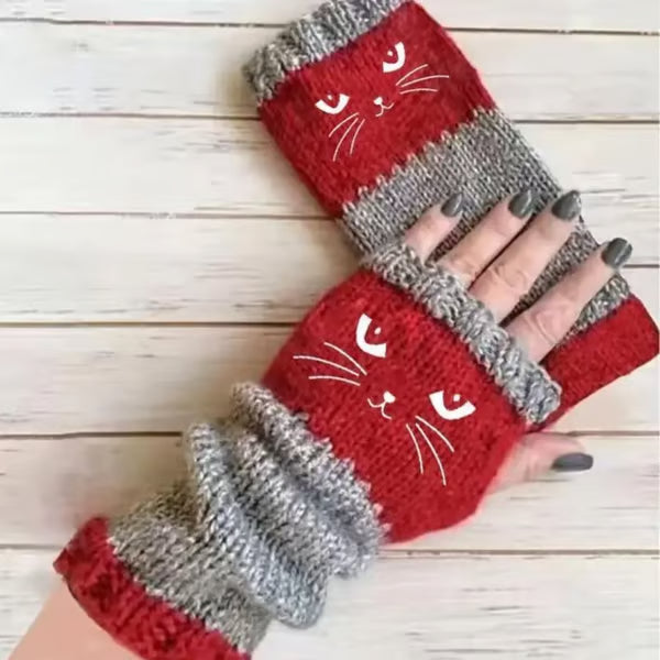 🎁Last Day – 49% Discount🐱🧶Knitted Fingerless Gloves with Cute Cat Trim