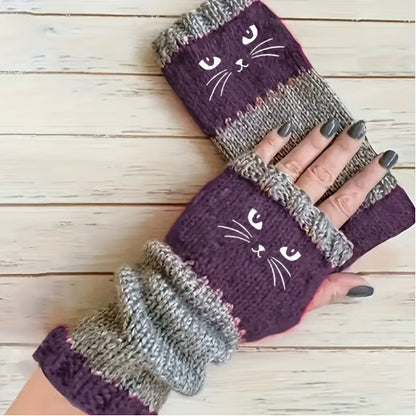 🎁Last Day – 49% Discount🐱🧶Knitted Fingerless Gloves with Cute Cat Trim