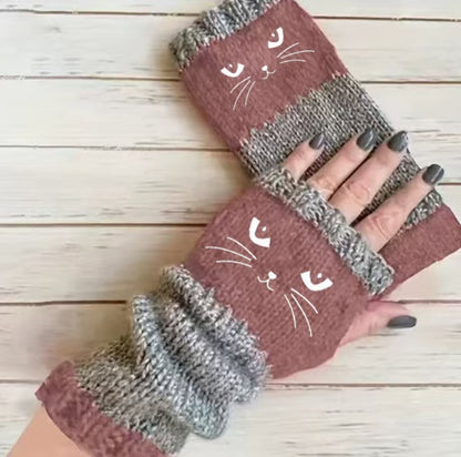 🎁Last Day – 49% Discount🐱🧶Knitted Fingerless Gloves with Cute Cat Trim