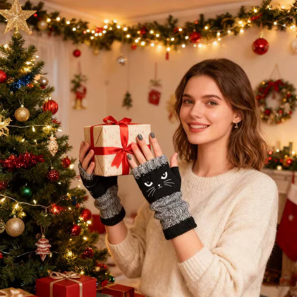 🎁Last Day – 49% Discount🐱🧶Knitted Fingerless Gloves with Cute Cat Trim