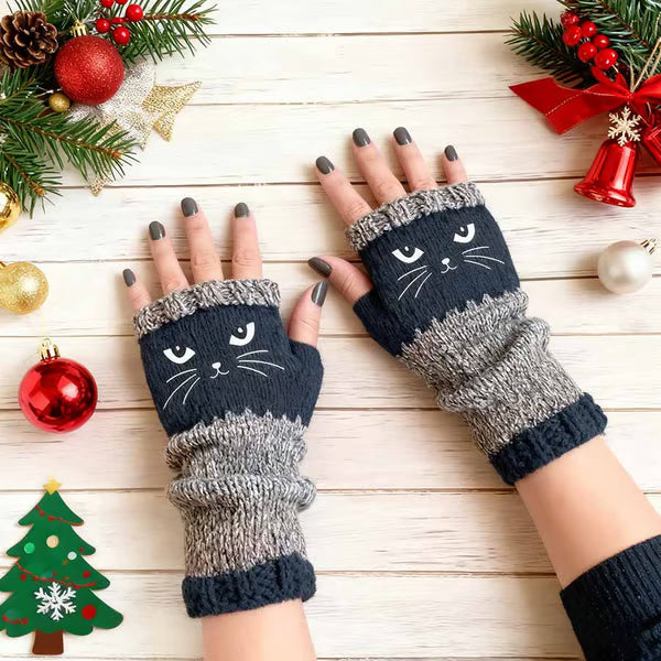 🎁Last Day – 49% Discount🐱🧶Knitted Fingerless Gloves with Cute Cat Trim